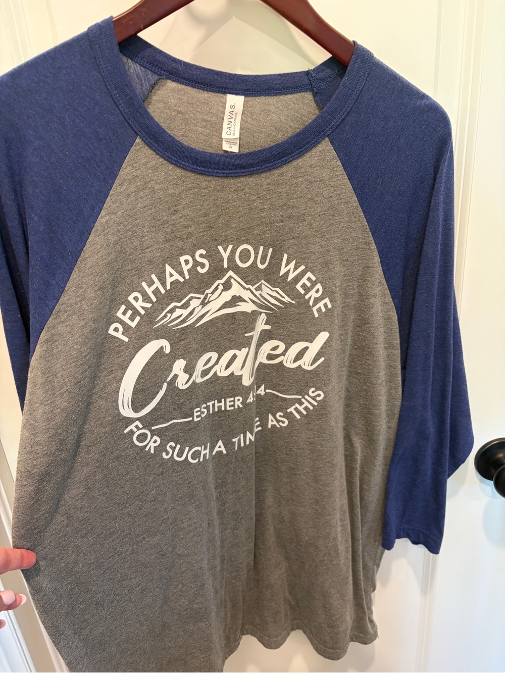 3/4 sleeve Canvas Grey Tee with Blue Trim- women XL